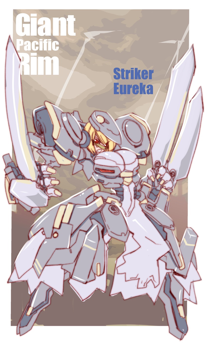 1girl 4.211_brass_knuckles arm_blade armor assault_mount_3.25_sting-blades blonde_hair body_armor bodysuit brass_knuckles breasts drivesuit_(pacific_rim) female_focus gradient_background highres jaeger_(pacific_rim) large_breasts legendary_pictures mecha mecha_musume mecha_pilot_suit pacific_rim pan_pacific_defense_corps personification robot solo striker_eureka virtualcity-ex visor weapon wrist_blades