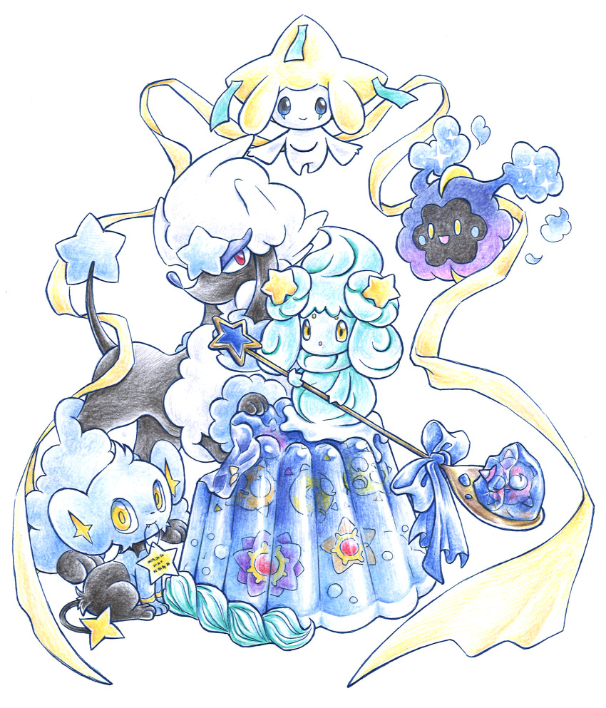 1girl 1other absurdres alcremie alcremie_(mint_cream) alcremie_(star_sweet) blue_bow bow colored_pencil_(medium) commentary_request cosmog dog fluffy food furfrou gelatin gem gen_1_pokemon gen_3_pokemon gen_4_pokemon gen_6_pokemon gen_7_pokemon gen_8_pokemon highres holding holding_spoon jirachi kokyuuki_(6345) legendary_pokemon looking_at_viewer mini_person minigirl minior minior_(core) minior_(orange_core) minior_(red_core) minior_(yellow_core) mythical_pokemon nintendo pokemon pokemon_(creature) poodle red_eyes ribbon shinx sitting spoon star_(symbol) starfish starmie staryu tail traditional_media white_background yellow_eyes