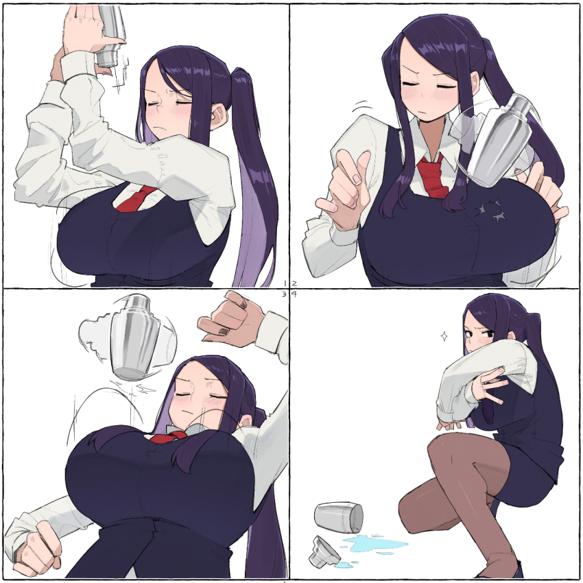 1girl 4koma black_eyes bottle bouncing_breasts breasts closed_eyes comic female_focus fingernails highres holding holding_bottle jill_stingray large_breasts long_hair motion_lines necktie ohasi pantyhose ponytail pose_imitation puddle purple_hair red_necktie shaking solo sparkle va-11_hall-a water white_background
