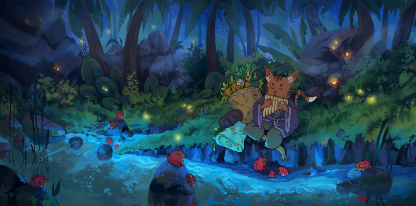 absurdres bag cat closed_eyes ethvarra fireflies fog foliage food forest frog furry highres instrument japanese_clothes music nature night original pan_flute pants plant playing_instrument rock sitting tree vegetable water wide_shot
