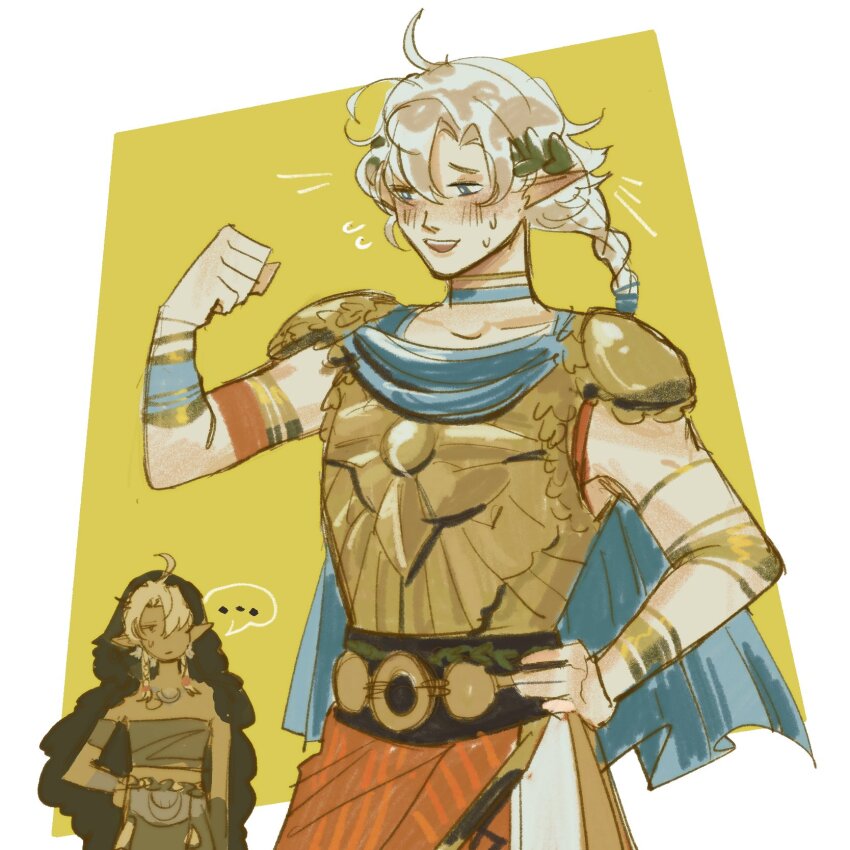 ... 1boy 1girl :d ahoge airpine alisaie_leveilleur alphinaud_leveilleur apollo_(hades) apollo_(hades)_(cosplay) armor artemis_(hades) artemis_(hades)_(cosplay) blush braid cosplay final_fantasy final_fantasy_xiv flexing hades_(series) hades_2 hand_on_own_hip highres long_hair male_focus open_mouth siblings smile spoken_ellipsis sweat teeth twins upper_body upper_teeth_only white_hair