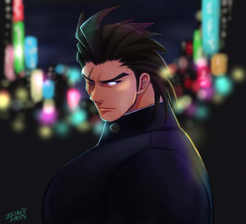1boy black_hair blue_eyes city_lights gakuran highres justice_gakuen kazama_daigo male_focus misodiru muscular muscular_male night one_eye_closed outdoors scar scar_across_eye scar_on_face school_uniform shiritsu_justice_gakuen solo spiked_hair upper_body