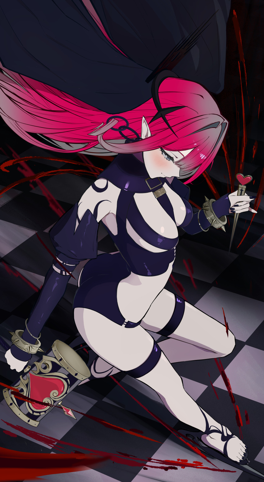 1girl absurdres ass baobhan_sith_(fate) baobhan_sith_(second_ascension)_(fate) between_breasts black_dress black_footwear black_nails black_veil blush bracelet breasts checkered_floor closed_mouth commentary detached_sleeves dress earrings fate/grand_order fate_(series) grey_eyes hair_intakes heart highres holding holding_mallet hoop_earrings jewelry knitting_needle large_breasts long_sleeves looking_down mallet medium_hair nail_polish needle pale_skin pink_hair pointy_ears solo spiked_bracelet spikes strap_between_breasts thigh_strap thighs toenail_polish toenails toes underbust uriuriyukitti veil