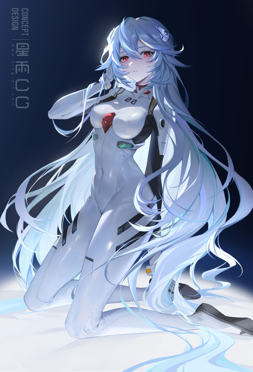 1girl alternate_hair_length alternate_hairstyle ayanami_rei blue_hair bodysuit covered_collarbone covered_navel english_text evangelion:_3.0_you_can_(not)_redo expressionless hair_between_eyes hand_in_own_hair highres interface_headset_(evangelion) kneeling light_blue_hair long_hair looking_at_viewer mecha_pilot_suit neon_genesis_evangelion open_mouth plugsuit_(evangelion) rebuild_of_evangelion red_eyes solo starlab very_long_hair wavy_hair white_bodysuit