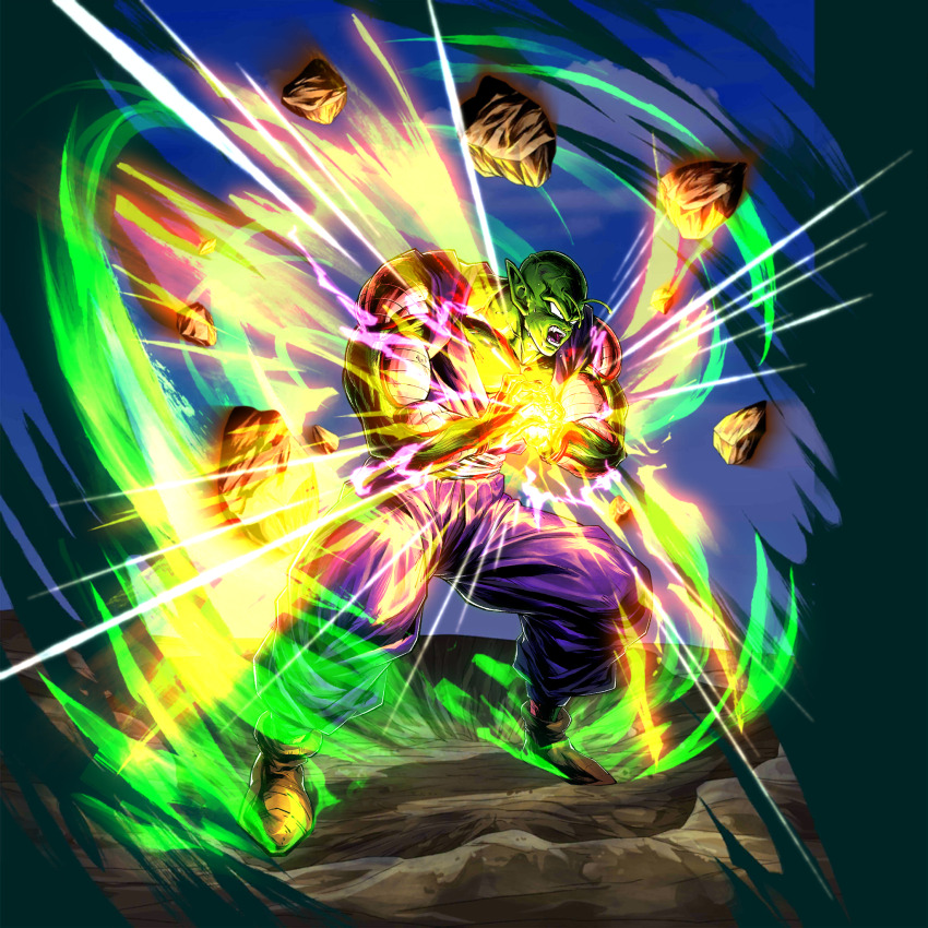 1boy anger_vein colored_skin concentrating dragon_ball dragon_ball_legends green_skin highres ki_blast muscular muscular_male piccolo powering_up serious solo