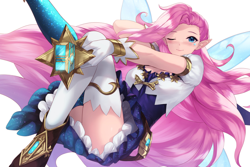 1girl ;) blue_eyes blush boots brown_boots cait_aron commentary gloves highres league_of_legends long_hair looking_at_viewer one_eye_closed pink_hair pointy_ears puffy_short_sleeves puffy_sleeves seraphine_(league_of_legends) short_sleeves smile solo thighhighs very_long_hair white_gloves white_thighhighs wings