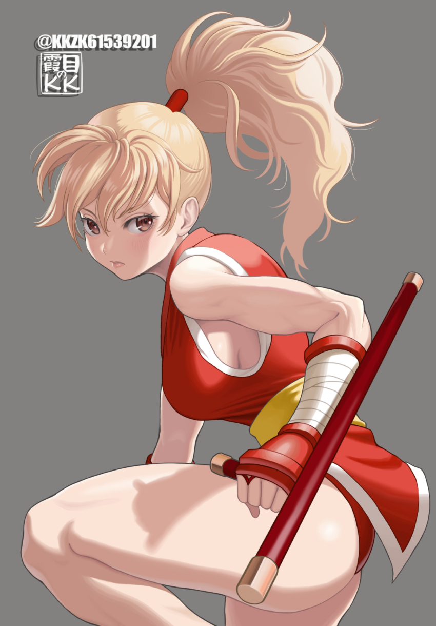 1girl artist_logo artist_name bare_shoulders blonde_hair breasts brown_eyes closed_mouth commentary_request final_fight_2 fingerless_gloves from_side genryuusai_maki gloves grey_background highres holding holding_weapon japanese_clothes kkzk61539201 lips logo long_hair looking_at_viewer medium_breasts ninja panties ponytail shadow simple_background sleeveless thighs tonfa underwear weapon