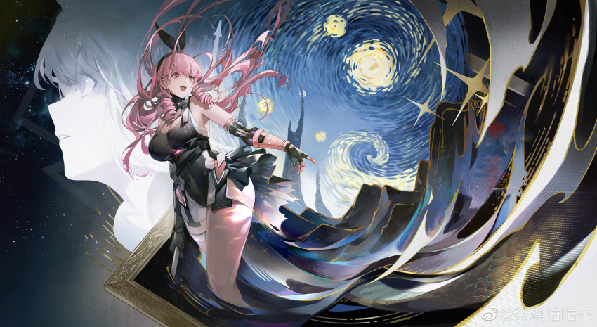 1girl abstract_background absurdres ayla:_kaleido_(pgr) ayla_(pgr) bare_arms black_hairband black_skirt bow_hairband breasts chinese_commentary cleavage commentary drill_hair drill_sidelocks hair_behind_ear hairband highres holding holding_staff joints large_breasts long_hair mechanical_arms mountain narakuuu nebula night night_sky official_art open_mouth overall_shorts overalls painting_(object) pink_eyes pink_hair projected_inset punishing:_gray_raven robot_joints showgirl_skirt sidelocks skirt sky smile solo staff star_(sky) starry_night_(van_gogh) teeth through_medium through_painting underbust upper_teeth_only watermark weibo_watermark