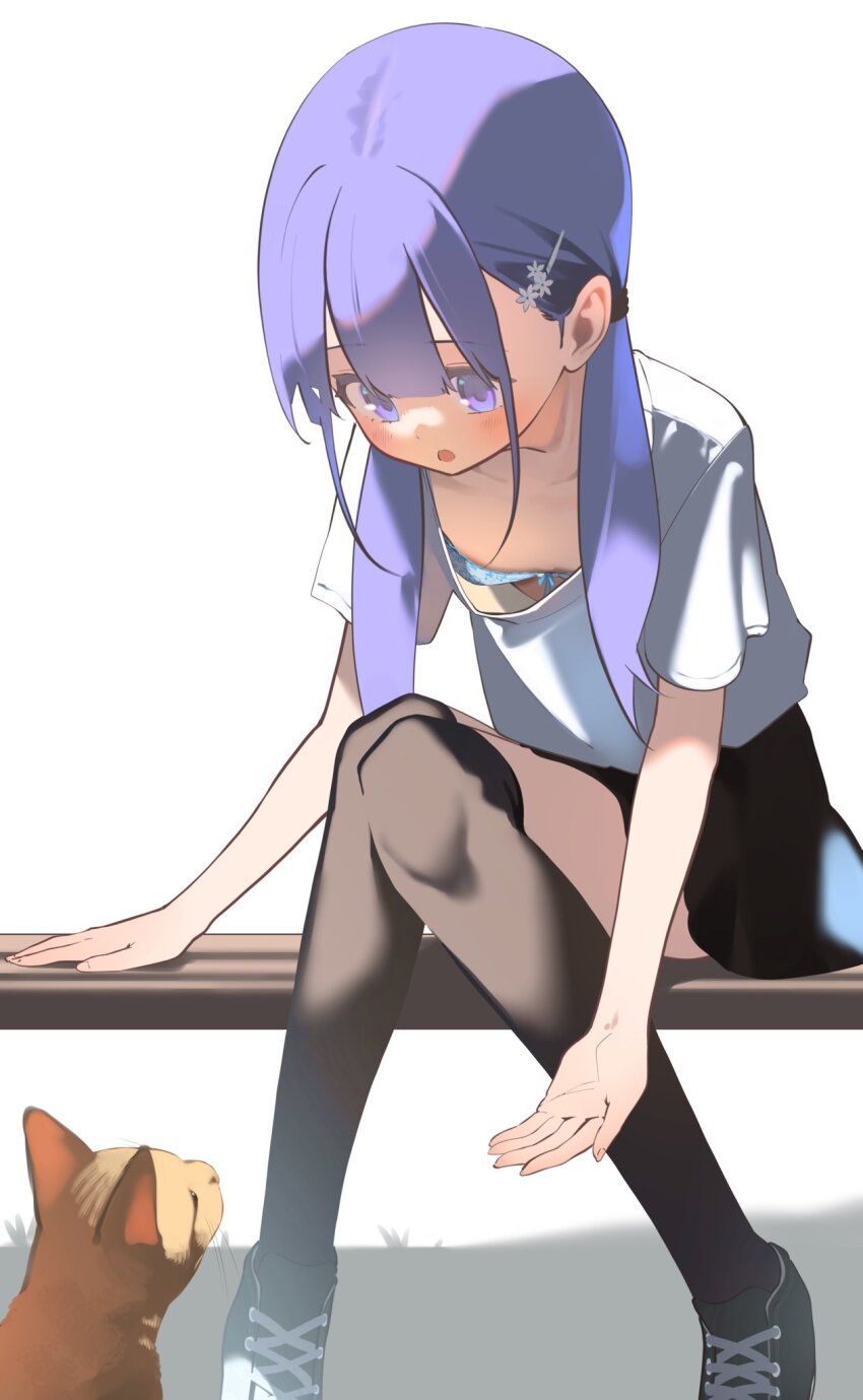 1girl black_shoes black_skirt black_thighhighs blue_bra blush bra breasts cat downblouse hair_ornament hairclip hayakawa_sena_(pei_iriya) highres long_hair looking_down miniskirt open_mouth original pei_iriya purple_eyes purple_hair shirt shoes short_sleeves sitting skirt small_breasts sneakers solo thighhighs twintails underwear white_shirt