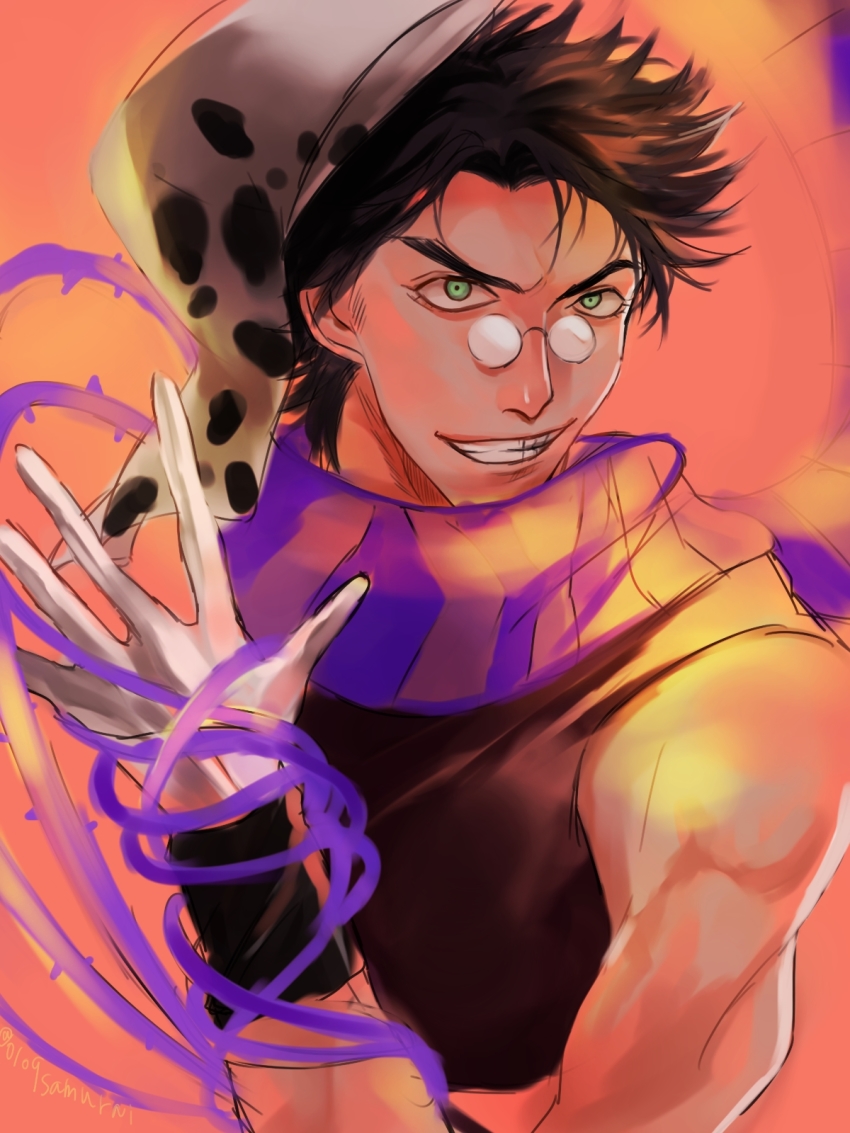 1boy bare_shoulders battle_tendency black_hair bomber_hat diamond_wa_kudakenai fusion glasses gloves green_eyes grin hermit_purple highres jojo_no_kimyou_na_bouken joseph_joestar joseph_joestar_(young) official_alternate_costume plant polka_dot_headwear purple_scarf round_eyewear samuraisamurai scarf smile solo stand_(jojo) stardust_crusaders striped_clothes striped_scarf thorns vines white_gloves
