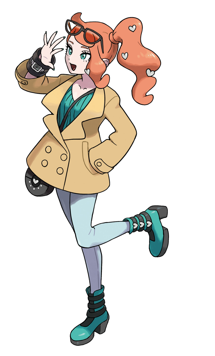 1girl absurdres aqua_eyes aqua_nails bag blue_boots boots brown_coat coat denim eyewear_on_head full_body green_shirt gyaru heart highres jeans long_hair long_sleeves nail_polish nintendo official_art oomura_yuusuke open_mouth orange_hair pants pokemon pokemon_swsh shirt side_ponytail solo sonia_(pokemon) standing standing_on_one_leg transparent_background