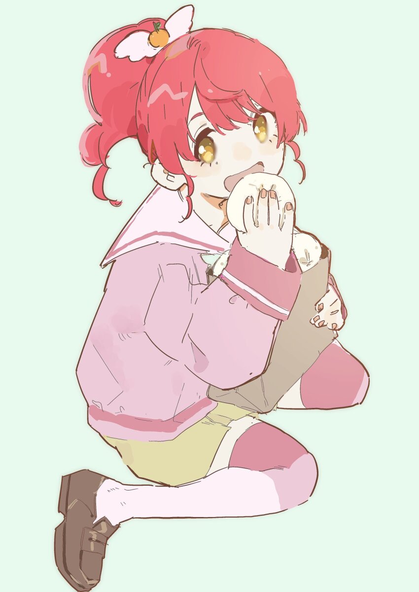1girl :d bad_id bad_twitter_id bag blush brown_shoes cardigan commentary_request dress eating food food-themed_hair_ornament full_body green_background hair_ornament highres holding holding_food kemura_(puripurinea) loafers long_hair long_sleeves looking_at_viewer open_mouth orange_hair_ornament paper_bag paprika_private_academy_school_uniform pink_cardigan pink_sailor_collar pink_thighhighs ponytail pretty_series pripara red_hair sailor_collar school_uniform shiratama_mikan shoes simple_background sitting smile solo steamed_bun thighhighs wariza wing_hair_ornament yellow_dress yellow_eyes