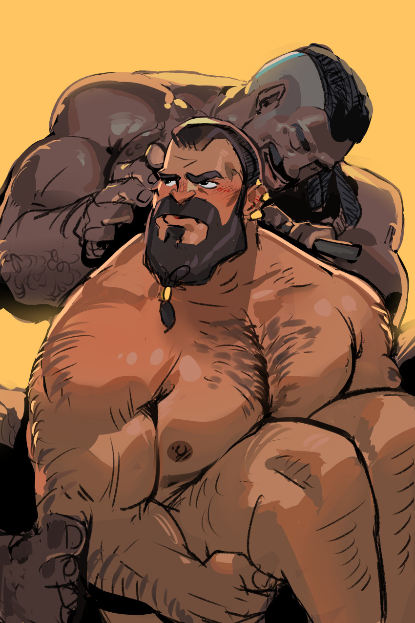 2boys absurdres arm_hair bara beard blush chest_hair chivo_(kalchivo) colored_skin completely_nude couple dark-skinned_male dark_skin dragon_age dragon_age:_absolution dragon_age_absolution dwarf facial_hair flustered hairy highres interracial knees_up lacklon_(dragon_age) large_pectorals long_beard male_focus mature_male multiple_boys muscular muscular_male nipples nude pectorals playing_with_another&#039;s_hair roland_(dragon_age) short_hair sitting thick_eyebrows tied_beard unfinished yaoi
