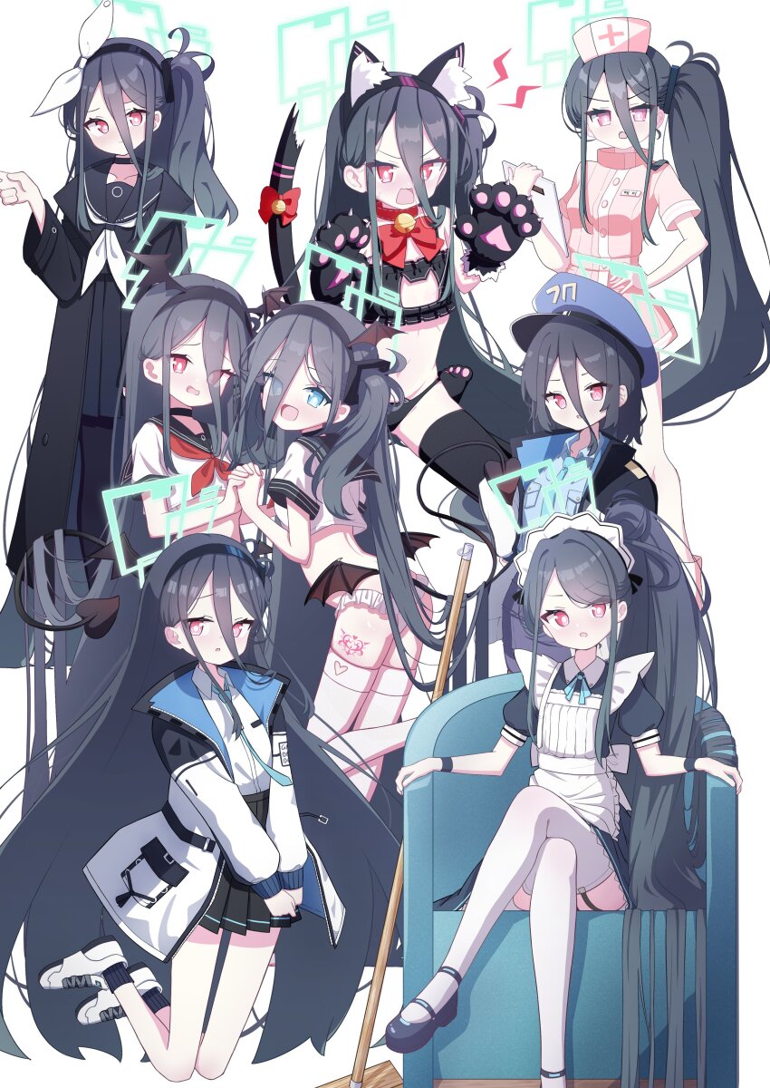 kei_(blue_archive) 2girls 525_woiwo 6+girls absurdres animal_collar animal_ear_fluff animal_ears animal_hands apron aqua_halo arched_back aris_(blue_archive) aris_(maid)_(blue_archive) bell bent_over black_coat black_dress black_footwear black_hair black_hairband black_jacket black_pantyhose black_sailor_collar black_serafuku black_shirt black_skirt black_thighhighs black_wings blue_archive blue_eyes blue_halo blue_headwear blue_necktie blue_shirt bow bowtie breasts broom cat_cutout cat_ears cat_lingerie cat_tail chair choker clothing_cutout coat collar collared_shirt commentary_request cosplay couch cropped_shirt crossed_legs cutout_above_navel demon_girl demon_tail demon_wings double-parted_bangs dress dual_persona fake_animal_ears floating frilled_apron frills gloves green_halo hair_between_eyes hair_ornament hairband halo hand_on_own_hip hand_up hat highres holding holding_tablet_pc jacket kneeling long_bangs long_hair long_hair_between_eyes long_sleeves looking_at_viewer looking_to_the_side low_wings maid maid_apron maid_headdress meme_attire midriff miniskirt multiple_girls neck_bell neckerchief necktie nurse nurse_cap on_couch open_clothes open_jacket open_mouth panties pantyhose parted_bangs paw_gloves paw_pose pink_eyes pink_headwear pink_shirt pink_skirt plana_(blue_archive) plana_(blue_archive)_(cosplay) pleated_skirt police police_hat police_uniform puffy_long_sleeves puffy_short_sleeves puffy_sleeves red_bow red_bowtie red_choker red_eyes red_neckerchief ribbon sailor_collar school_uniform serafuku serina_(blue_archive) serina_(blue_archive)_(cosplay) shirt shirt_tucked_in short_sleeves side_ponytail sidelocks simple_background sitting skirt small_breasts standing swept_bangs tablet_pc tail thighhighs thighs underwear v-shaped_eyebrows v_arms very_long_hair wariza white_apron white_background white_headdress white_headwear white_jacket white_neckerchief white_panties white_shirt white_thighhighs winged_hairband wings