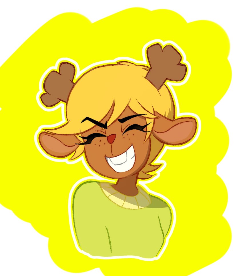 1girl antlers blonde_hair closed_eyes commentary_request cropped_torso december_holiday deer_antlers deer_girl deltarune design_speculation furry furry_female green_sweater highres horns nisidanokoneta short_hair smile solo sweater yellow_background