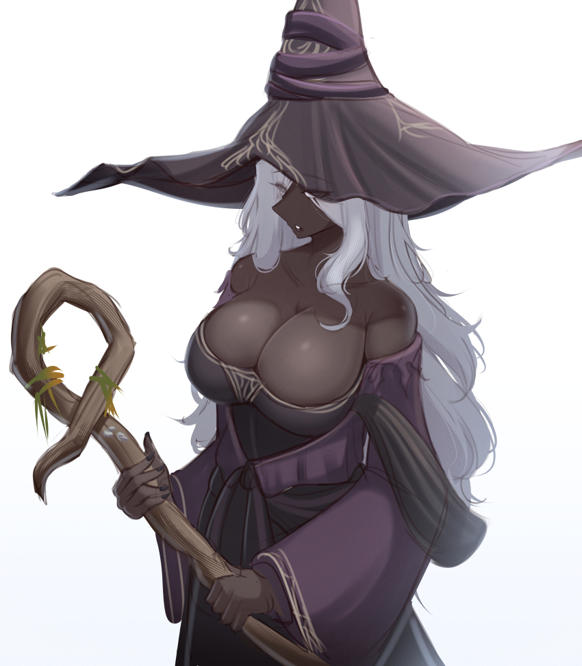1girl absurdres bare_shoulders black_dress black_nails breasts cleavage collarbone dark-skinned_female dark_skin dress elden_ring elden_ring_nightreign grey_eyes hat hat_over_one_eye highres holding holding_staff large_breasts large_hat laxiusart long_hair looking_at_viewer nail_polish off_shoulder_dress parted_lips purple_sleeves recluse_(elden_ring) simple_background solo staff very_dark_skin very_long_hair white_hair wide_sleeves witch witch_hat wooden_staff