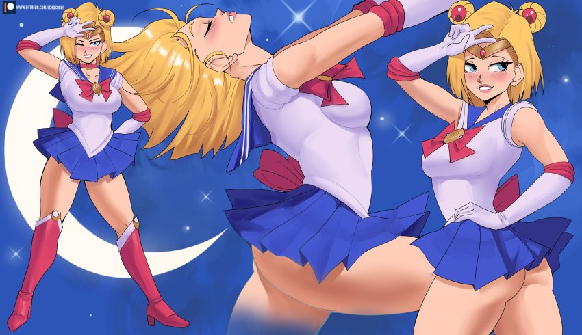 1girl android_18 ass bishoujo_senshi_sailor_moon blonde_hair cosplay dragon_ball echo_saber highres sailor_moon sailor_senshi_(cosplay) sailor_senshi_uniform solo