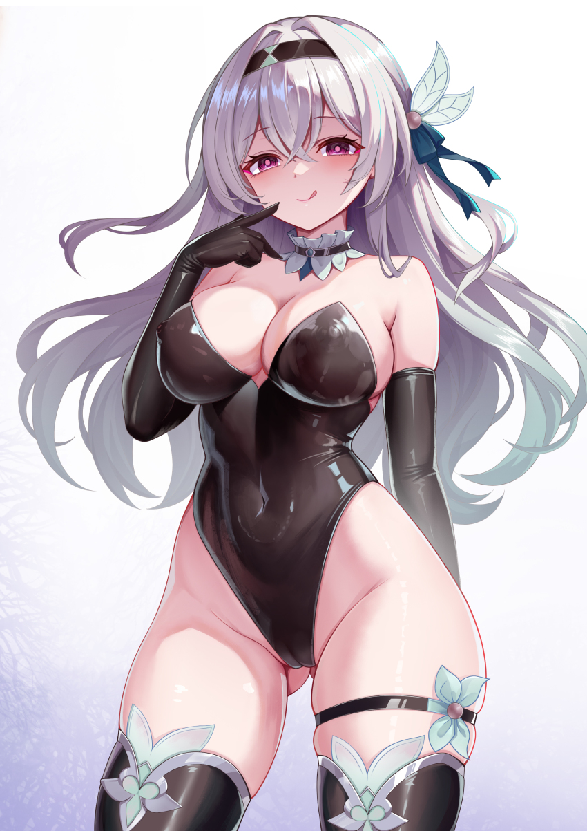1girl :q absurdres arm_behind_back bare_shoulders black_gloves black_hairband black_leotard black_thighhighs blue_ribbon blush breasts cameltoe chiin chinese_commentary cleavage closed_mouth commentary commentary_request covered_erect_nipples covered_navel cowboy_shot crossed_bangs double-parted_bangs elbow_gloves english_commentary finger_to_cheek firefly_(honkai:_star_rail) floating_hair gloves gluteal_fold gradient_background grey_hair groin hair_between_eyes hair_ribbon hairband hand_up highleg highleg_leotard highres honkai:_star_rail honkai_(series) index_finger_raised large_breasts leotard long_hair looking_at_viewer mixed-language_commentary purple_eyes ribbon skindentation smile solo standing strapless strapless_leotard thigh_strap thighhighs tongue tongue_out very_long_hair