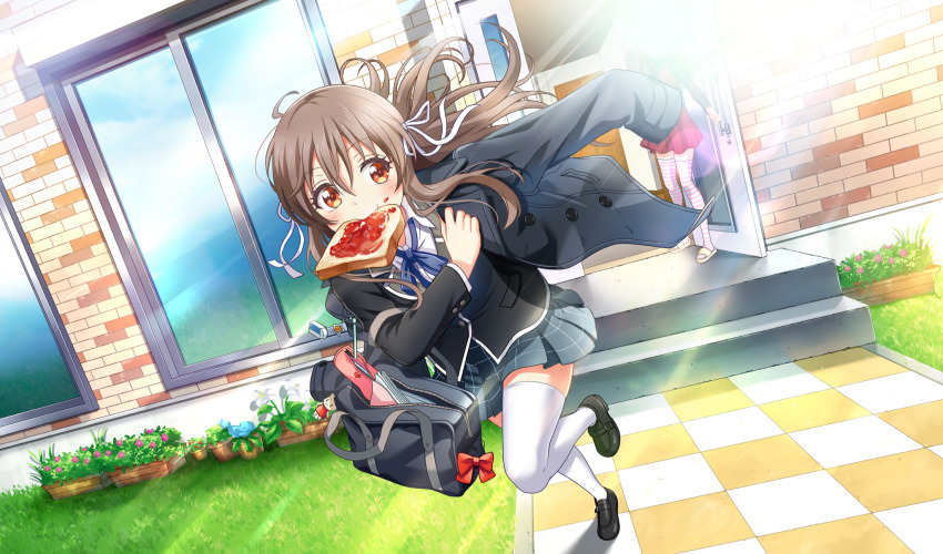 2girls bag black_coat black_footwear black_jacket blue_ribbon bow bread bread_slice brown_hair cinderella_series coat collared_shirt dutch_angle eraser food food_in_mouth full_body game_cg grey_skirt hachigatsu_no_cinderella_nine hair_ribbon highres jacket late_for_school light_rays loafers long_hair long_sleeves mouth_hold multiple_girls neck_ribbon non-web_source official_art orange_eyes outdoors pencil pencil_case plaid_clothes plaid_skirt pleated_skirt red_bow red_skirt ribbon running satogahama_school_uniform school_bag school_uniform shiina_mari shiina_yukari_(hachigatsu_no_cinderella_nine) shirt shoes skirt solo_focus striped_clothes striped_thighhighs sunbeam sunlight thighhighs toast toast_in_mouth white_ribbon white_shirt white_thighhighs winter_uniform