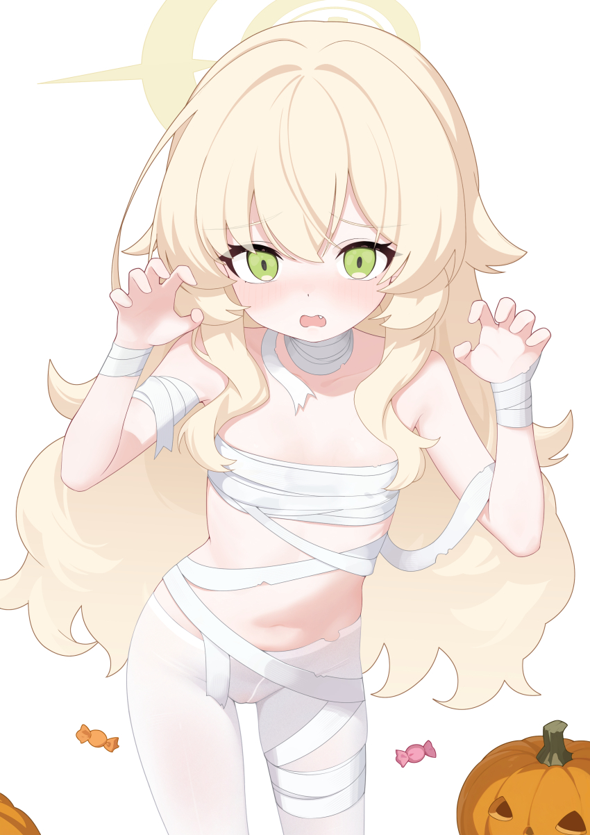 1girl absurdres bandaged_arm bandaged_leg bandaged_neck bandaged_wrist bandages blonde_hair blue_archive blush candy claw_pose cosplay dot_nose embarrassed fang flat_chest food furrowed_brow green_eyes hair_between_eyes halloween halloween_costume halo hands_up highres jack-o&#039;-lantern jiuchong_ying_fengxue loli long_hair long_sidelocks looking_at_viewer mummy_costume navel open_mouth pantyhose professor_niyaniya_(blue_archive) pumpkin sidelocks simple_background solo standing thighs very_long_hair wavy_hair white_background white_pantyhose yellow_halo