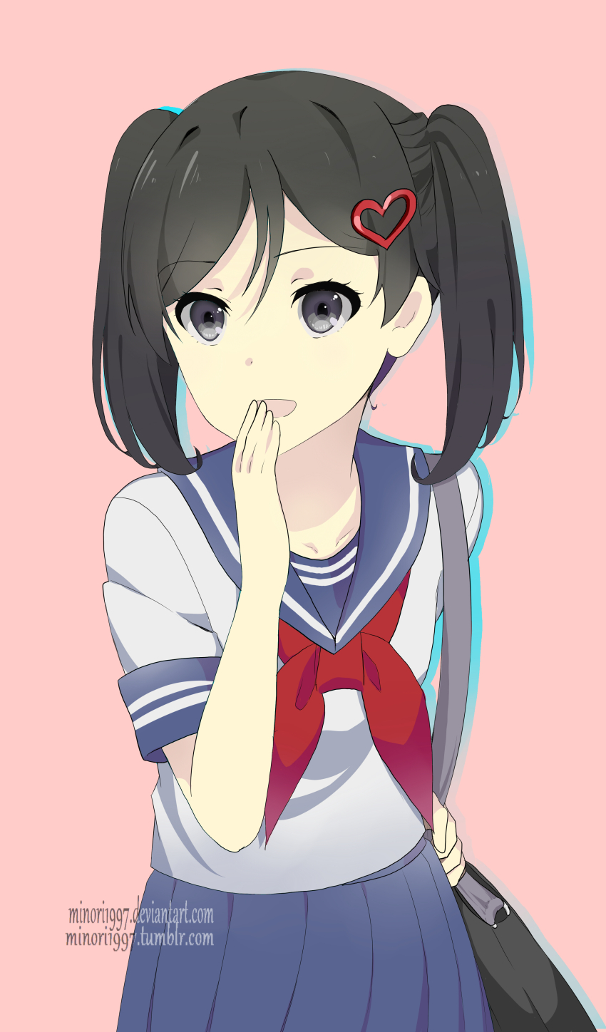 1girl absurdres bag black_eyes black_hair blue_sailor_collar blue_serafuku blue_skirt covering_own_mouth deviantart_username hair_ornament hairclip hanako_yamada hand_over_own_mouth heart heart_hair_ornament highres looking_at_viewer medium_hair neckerchief pleated_skirt red_neckerchief sailor_collar school_bag school_uniform serafuku shirt short_sleeves short_twintails skirt striped_clothes sunnypoppy twintails white_shirt yandere_simulator