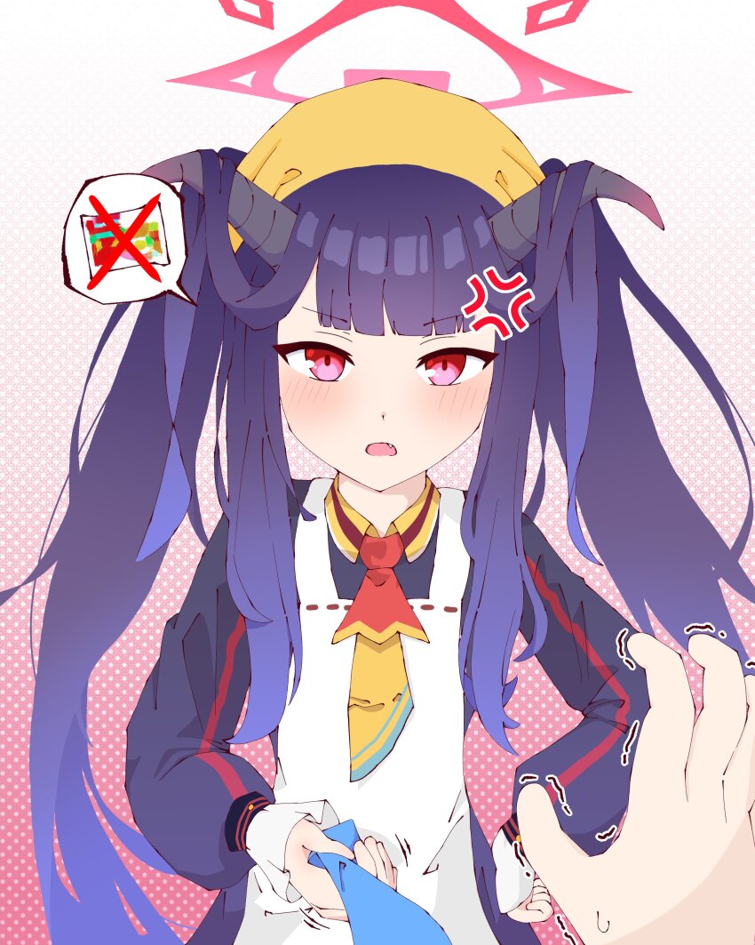 1boy 1girl absurdres anger_vein angry apron black_hair black_serafuku blue_archive blue_necktie blunt_bangs clothes_grab commentary demon_girl demon_horns fang fuuka_(blue_archive) halo hamuhamuid hand_on_own_hip headscarf highres horns indomie_(brand) instant_ramen long_hair long_sleeves looking_at_viewer necktie necktie_grab neckwear_grab out_of_frame pack_noodles pov red_eyes school_uniform sensei_(blue_archive) serafuku sidelocks simple_background spoken_object sweatdrop trembling white_apron yellow_headscarf yellow_headwear