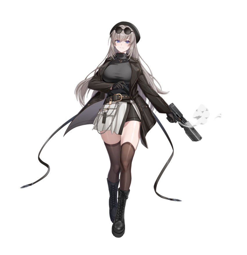 1girl alpha_transparency belt beret black_belt black_boots black_gloves black_hat black_jacket black_shirt blinking blue_eyes boots breasts chain commentary counter:side eyewear_on_head full_body gloves grey_hair gun handgun handgun_cartridge hat high_heel_boots high_heels highres holding holding_gun holding_magazine_(weapon) holding_weapon integral_suppressor integrally-suppressed_firearm jacket jewelry lace-up_boots lapels lock long_hair long_sleeves looking_at_viewer magazine_(weapon) maxim_9 necklace official_art open_clothes open_jacket padlock pistol round_eyewear seo_yoon shirt short_shorts shorts simple_background smoke solo sunglasses suppressor tachi-e thighhighs transparent_background weapon
