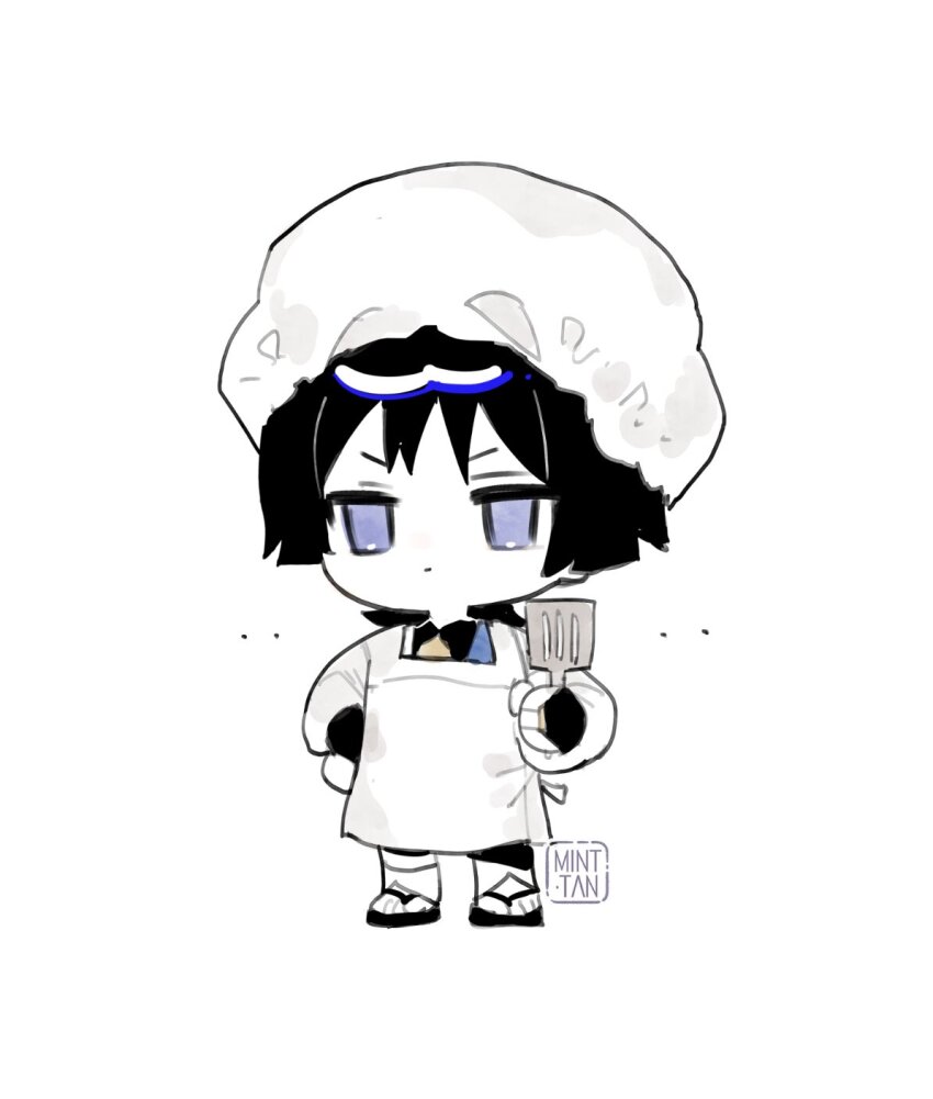 1boy alternate_costume apron artist_name black_bodysuit black_bridal_gauntlets black_hair black_sandals blunt_ends bodysuit bridal_gauntlets chibi clenched_hands closed_mouth full_body genshin_impact gold_ring hand_on_own_hip highres holding holding_spatula kappougi leg_warmers long_sleeves male_focus mandarin_collar middle_ring mint-tan purple_eyes sandals scaramouche_(genshin_impact) solo spatula tenugui toes v-shaped_eyebrows wanderer_(genshin_impact) white_apron white_background white_leg_warmers white_sleeves zouri