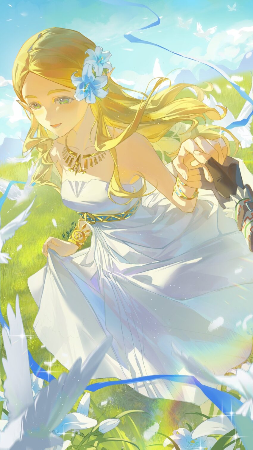 1boy 1girl bare_shoulders bird blonde_hair blue_sky bracelet brown_gloves commentary dress fingerless_gloves flower gloves grass green_eyes highres holding_hands jewelry link long_hair necklace nintendo open_mouth pointy_ears pov pov_hands princess_zelda silent_princess skirt_hold sky smile solo_focus strapless strapless_dress symbol-only_commentary the_legend_of_zelda the_legend_of_zelda:_breath_of_the_wild white_bird white_dress white_flower yun_(dl2n5c7kbh8ihcx)