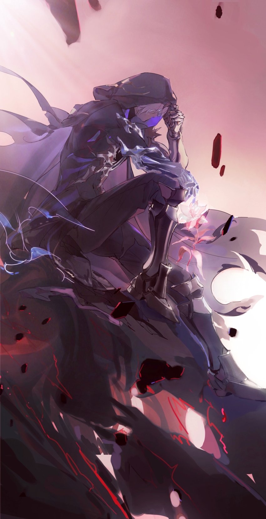 1boy 40080028157 absurdres arm_rest armored_boots black_cloak black_pants boots chinese_commentary clawed_gauntlets cloak commentary_request dark_persona flame_reaver_of_the_deepest_dark flower from_side hair_between_eyes highres honkai:_star_rail honkai_(series) hood hood_up hooded_cloak knee_up male_focus pants phainon_(honkai:_star_rail) sitting solo white_hair