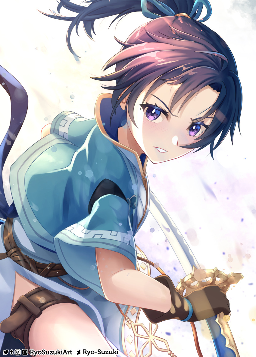 1girl absurdres black_hair blue_eyes brown_flower fingerless_gloves fir_(fire_emblem) fir_(swordmaiden)_(fire_emblem) fire_emblem fire_emblem:_the_binding_blade flower gloves hair_tie highres holding holding_sword holding_weapon nintendo parted_lips ponytail ryo-suzuki solo sword teeth thigh_strap twitter_logo weapon white_background