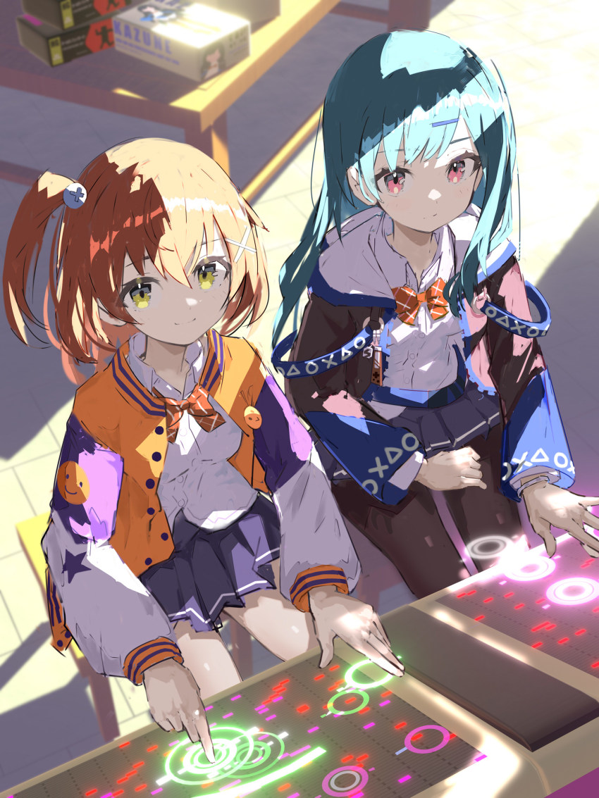 blue_hair bow breasts brown_hair closed_mouth denonbu green_eyes gurumaruhana hair_between_eyes hair_ornament hairclip hidaka_reina_(denonbu) highres jacket long_hair long_sleeves looking_at_viewer multiple_girls open_clothes open_jacket pleated_skirt red_eyes school_uniform shinonome_kazune shirt sitting skirt smile white_shirt