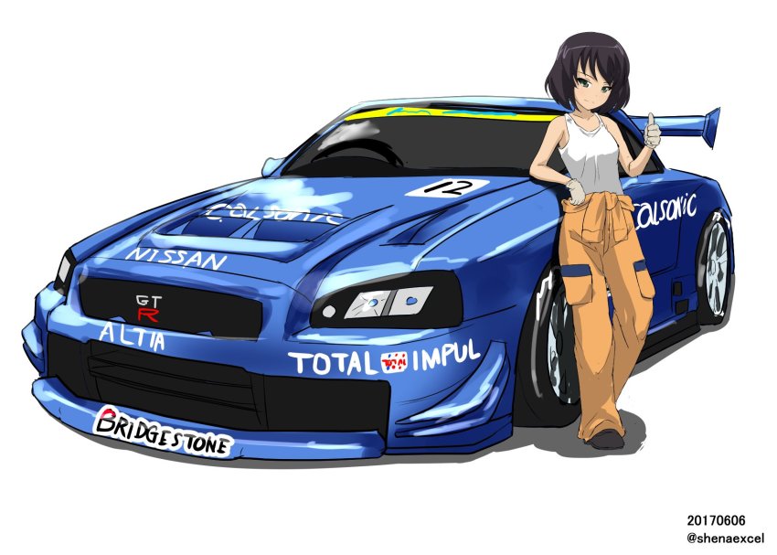 1girl black_shoes bridgestone brown_hair car closed_mouth clothes_around_waist commentary_request dark-skinned_female dark_skin female_focus girls_und_panzer gloves green_eyes head_tilt highres hoshino_(girls_und_panzer) jumpsuit leaning_back leaning_on_object logo looking_at_viewer mechanic motor_vehicle nissan nissan_gt-r nissan_skyline nissan_skyline_gt-r nissan_skyline_r34 one-hour_drawing_challenge orange_jumpsuit partial_commentary shadow shiina_excel shirt shoes short_hair simple_background smile solo standing stock_car_racing tank_top thumbs_up tied_shirt uniform vehicle_focus white_background white_gloves white_shirt