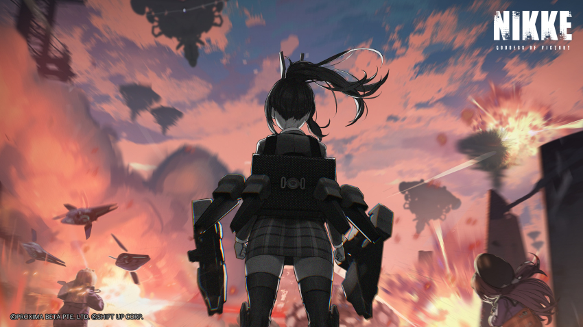 1girl absurdres artist_request backpack bag black_hair clenched_hands commentary cropped english_commentary explosion from_behind goddess_of_victory:_nikke highres long_hair long_sleeves official_art outdoors pleated_skirt ponytail rapture_(nikke) school_uniform second-party_source shirt skirt solo standing thighhighs zwei_(nikke)