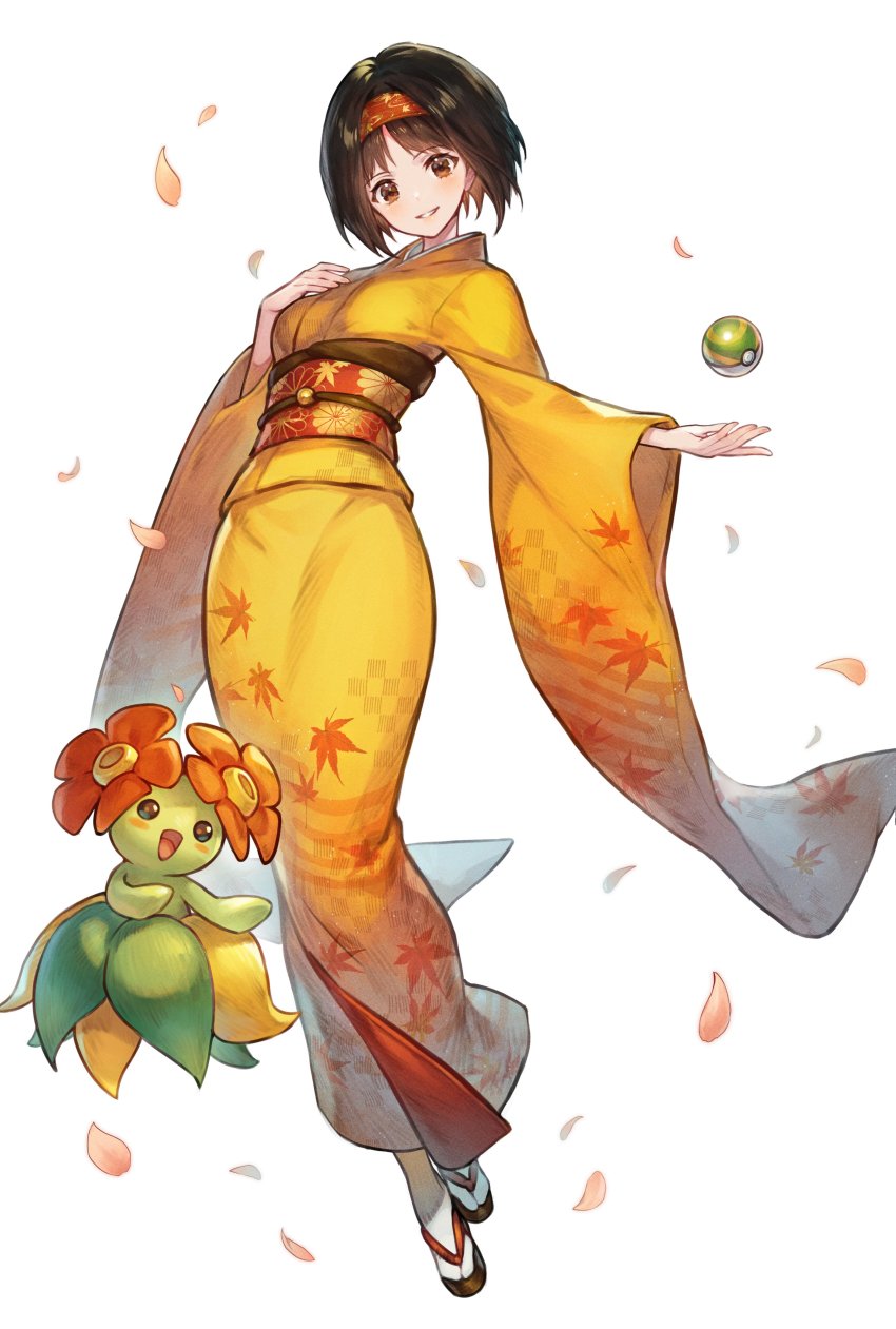 1girl absurdres bellossom black_hair brown_eyes commentary erika_(pokemon) falling_petals gen_2_pokemon hairband highres japanese_clothes kimono leaf_print looking_at_viewer nest_ball nintendo parted_lips petals pokemon pokemon_(creature) pokemon_hgss raji_(aranmax) red_hairband sandals sash short_hair smile socks solo white_background white_socks wide_sleeves yellow_kimono