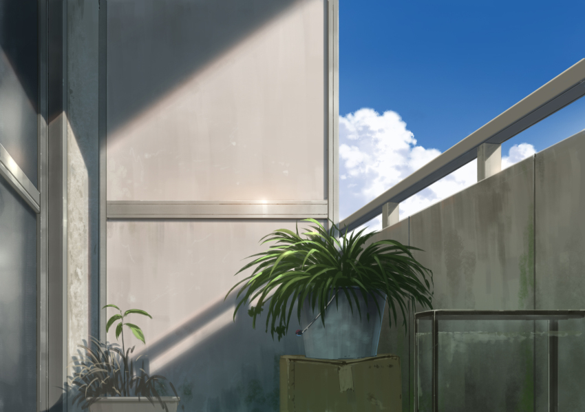 blue_sky box bucket cardboard_box cloud commentary_request day fish_tank highres no_humans original pei_(sumurai) plant potted_plant scenery sky still_life sunlight