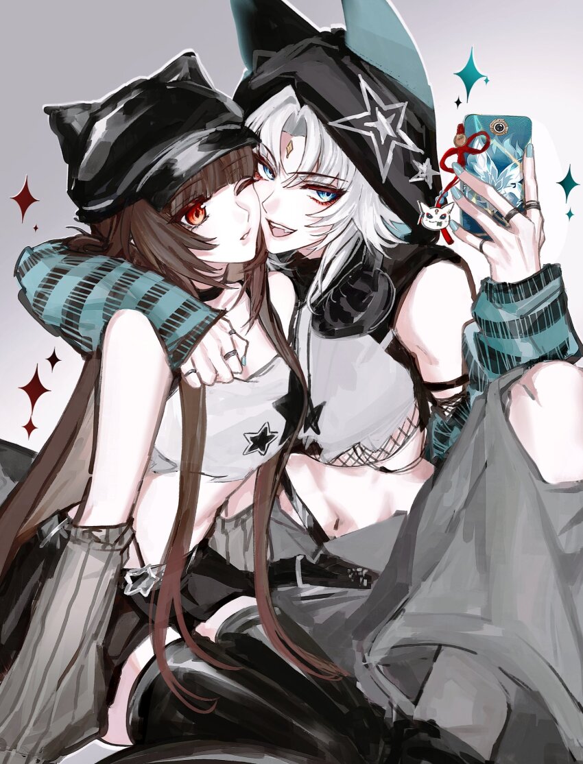 2girls alternate_costume animal_ears aqua_eyes arm_around_neck arm_warmers belt black_belt black_choker black_hat black_shorts black_thighhighs blue_hair blue_nails breasts brown_hair cat_ears cellphone charm_(object) choker collarbone colored_inner_hair fang feixiao_(honkai:_star_rail) fingernails forehead_jewel fox_ears fox_girl gradient_background grey_background grey_pants grey_socks hair_between_eyes hand_up hat hat_with_ears headphones headphones_around_neck highres hime_cut holding holding_phone honkai:_star_rail honkai_(series) hood jewelry lingsha_(honkai:_star_rail) long_hair looking_at_another looking_at_viewer medium_breasts midriff multicolored_hair multiple_girls multiple_rings nail_polish navel one_eye_closed open_mouth pants parted_bangs phone red_eyes red_ribbon ribbon ring short_shorts shorts sidelocks simple_background sitting smartphone smile socks sparkle star_(symbol) star_ornament star_print tank_top tassel teeth thighhighs visor_cap white_background white_hair white_tank_top yziyiling