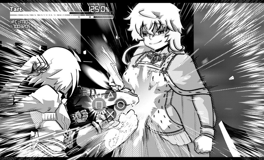 2girls absurdres ahoge breasts cape cowlick dress gem greyscale highres isabeau_de_baviere_(madoka_magica) jeanne_d&#039;arc_(madoka_magica) jewelry large_breasts long_dress long_hair long_sleeves magia_record:_mahou_shoujo_madoka_magica_gaiden magical_girl mahou_shoujo_madoka_magica mahou_shoujo_tart_magica meme messy_hair metal_gear_(series) metal_gear_rising:_revengeance monochrome multiple_girls necklace playstation_symbols punching raiden_punching_armstrong_(meme) ring royal_robe short_hair smile sonohi210 tall_female wavy_hair