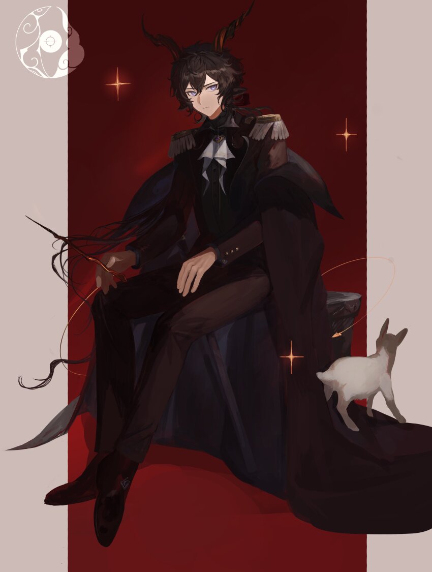 1boy absurdres animal_ears arknights ascot black_coat black_jacket black_pants border brown_background brown_hair coat coat_on_shoulders commentary ebenholz_(arknights) frown goat goat_boy goat_ears goat_horns highres holding holding_wand horns jacket long_hair long_sleeves looking_at_viewer male_focus pants purple_eyes red_background sitting solo symbol-only_commentary two-tone_background wand watermark white_ascot yomotobi