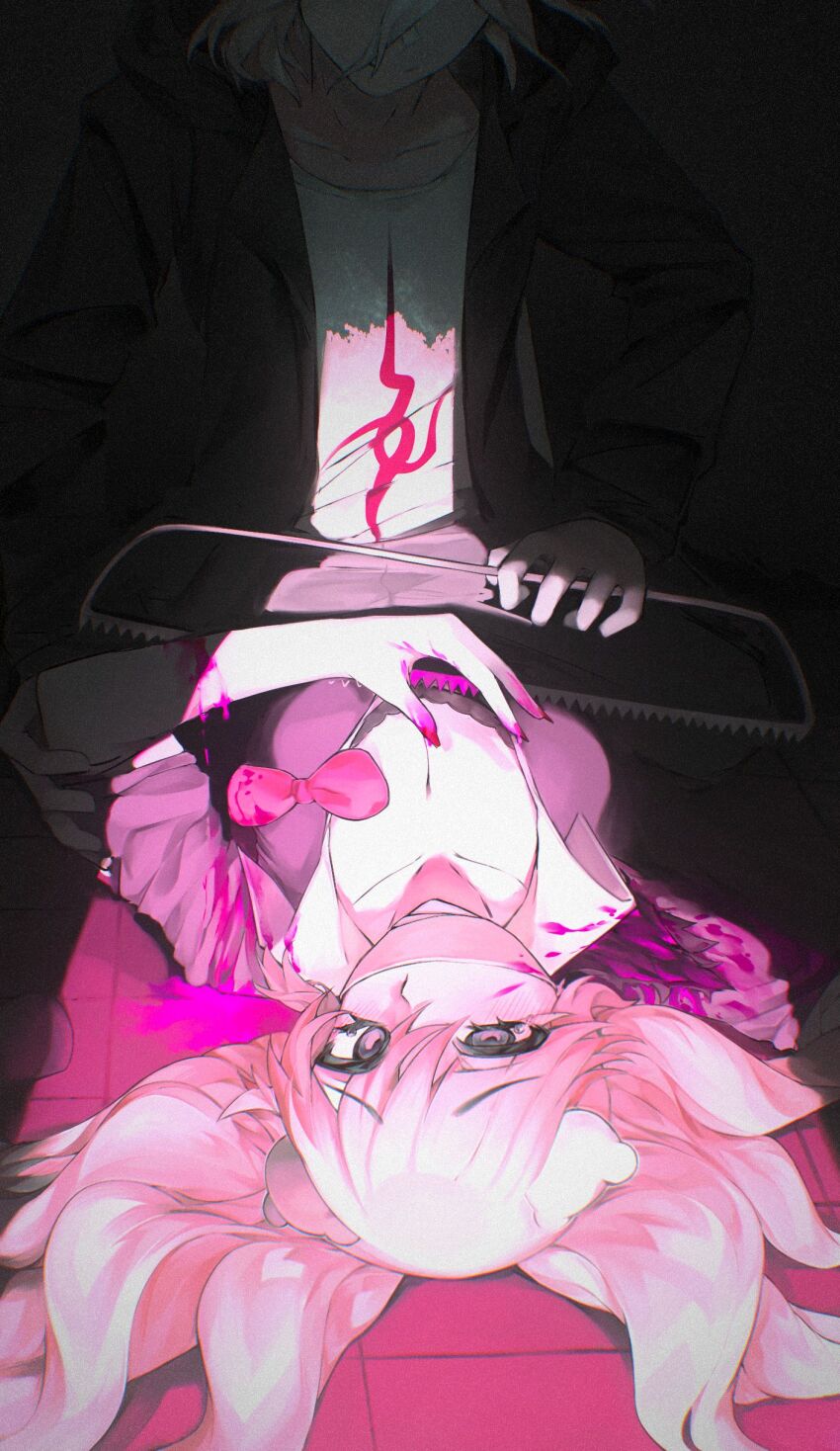 1boy 1girl absurdres blonde_hair blood bow bowtie collared_shirt colored_skin corpse danganronpa:_trigger_happy_havoc danganronpa_(series) danganronpa_2:_goodbye_despair enoshima_junko eyelashes hacksaw highres holding_saw jacket long_hair lying nail_polish on_back open_clothes open_jacket pink_blood red_bow red_bowtie red_nails saw shadow shirt spoilers user_pvcg4232 white_shirt white_skin