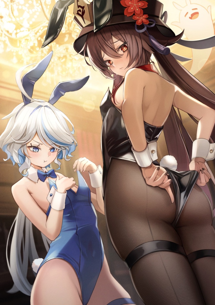 2girls absurdres animal_ears ass black_leotard black_nails blue_leotard boo_tao_(genshin_impact) breasts brown_hair covered_navel cowlick detached_collar drop-shaped_pupils embarrassed eyelash_ornament fake_animal_ears fake_tail fishnets flower flower-shaped_pupils furina_(genshin_impact) genshin_impact ghost hat hat_flower hat_tassel heterochromia highres hu_tao_(genshin_impact) leotard long_hair looking_back looking_down mismatched_pupils multiple_girls pantyhose playboy_bunny plum_blossoms porkpie_hat pout rabbit_ears rabbit_tail small_breasts strapless strapless_leotard symbol-shaped_pupils tail thighs twintails very_long_hair white_hair wrist_cuffs yutoriko_(candy0905)