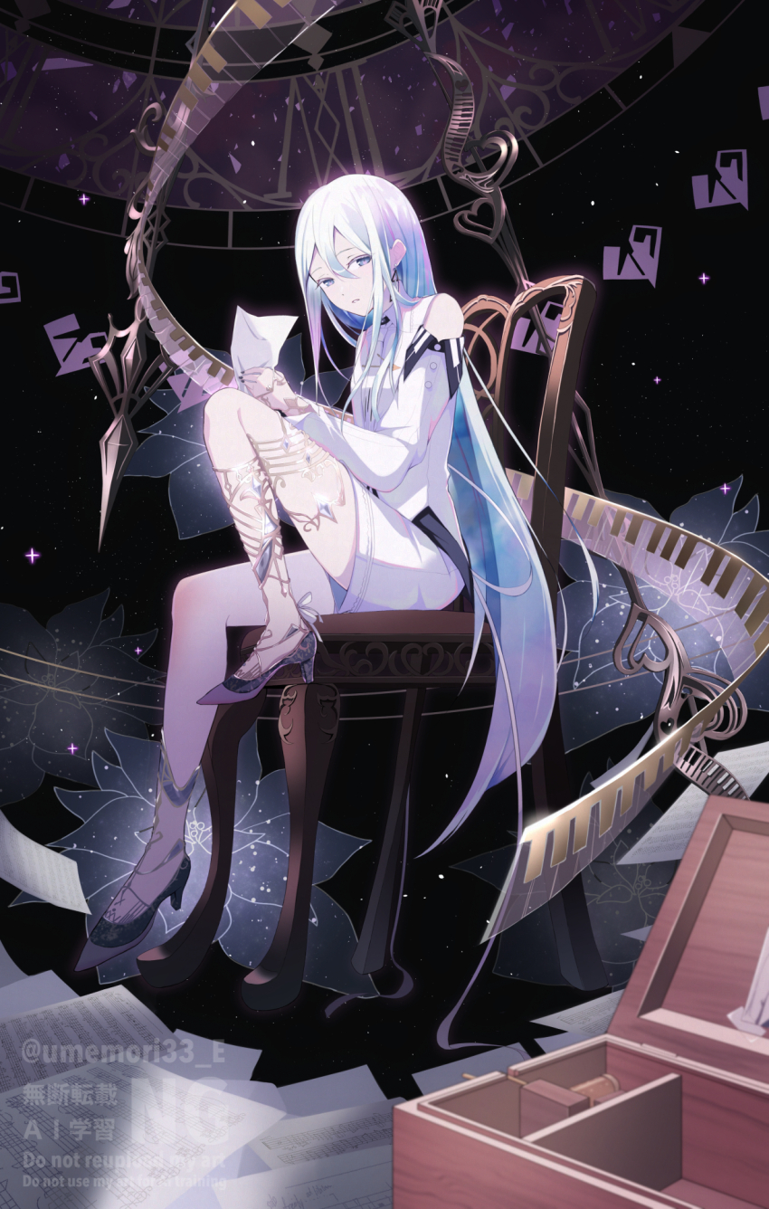 1girl bare_shoulders black_nails blue_eyes blue_hair body_jewelry chair clothing_cutout detached_sleeves dress earrings full_body gradient_hair hair_between_eyes high_heels highres holding holding_paper jewelry kitten_heels knee_up long_hair long_sleeves looking_at_viewer multicolored_hair music_box open_mouth paper piano_keys piano_print pink_hair project_sekai sheet_music shorts shoulder_cutout sitting solo triangle_earrings umemori_mai very_long_hair white_dress white_hair white_shorts yoisaki_kanade