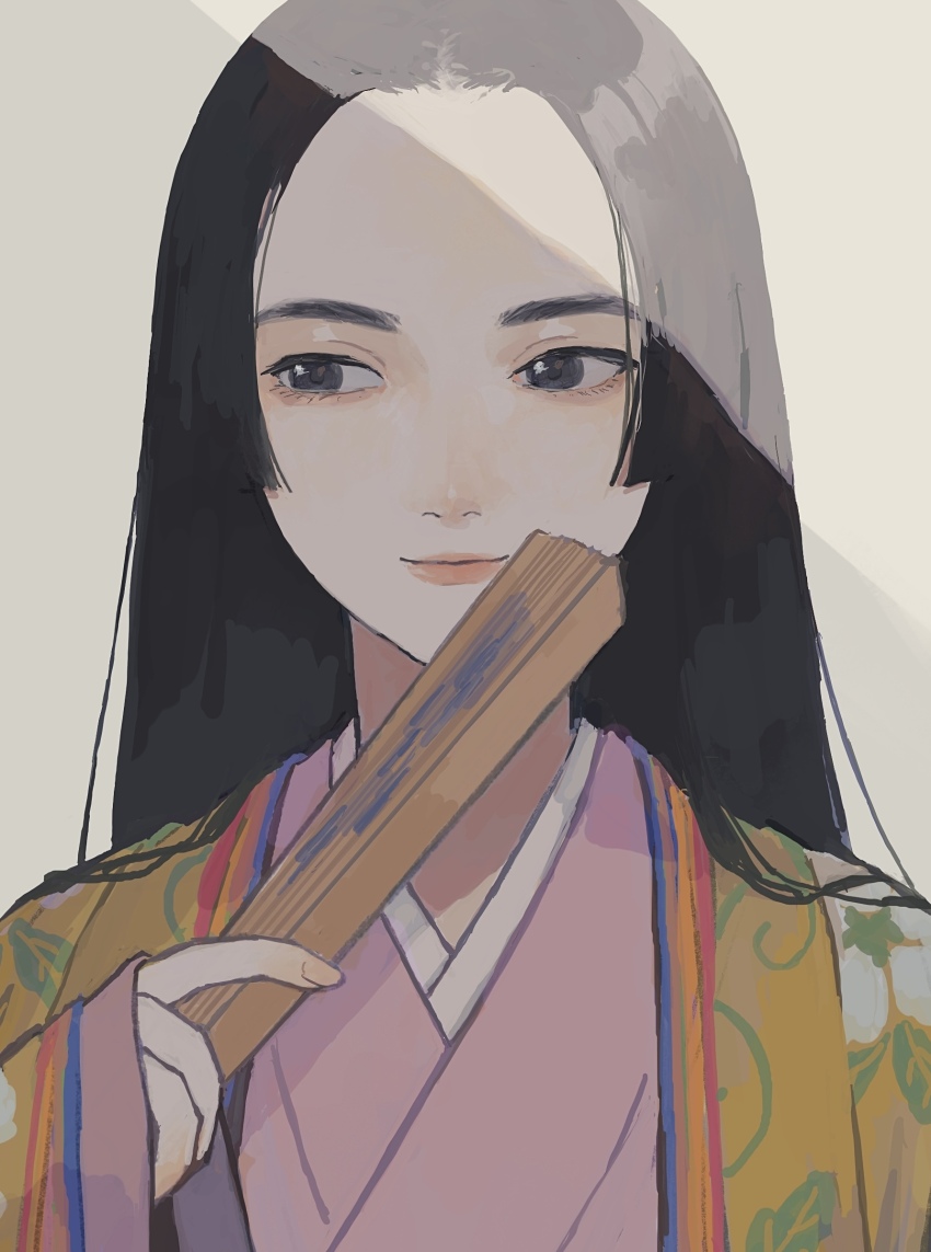 1girl aegyo_sal black_eyes black_hair blunt_sidelocks closed_mouth fan_to_mouth folded_fan folding_fan forehead hand_fan haori highres japanese_clothes kimono light_smile lips long_hair looking_to_the_side nanohanairo original parted_bangs pink_kimono portrait simple_background smile solo straight-on