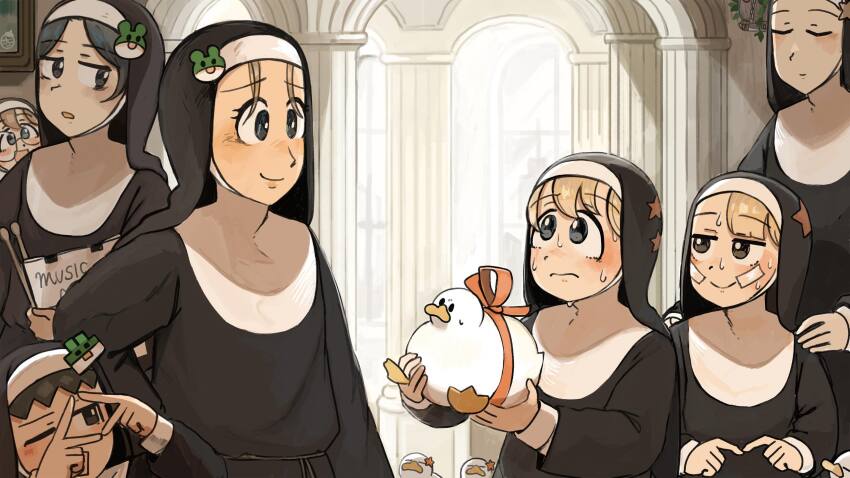 6+girls bird black_hair blonde_hair blue_eyes brown_hair chicken closed_eyes clumsy_nun_(diva) commentary diva_(hyxpk) drumsticks duck english_commentary eyelashes finger_frame frog_hair_ornament glasses glasses_nun_(diva) hair_ornament highres little_nuns_(diva) multiple_girls nun red_star ribbon round_eyewear smile spicy_nun_(diva) star_(symbol) star_nun_(diva) sweat traditional_nun yellow_eyes