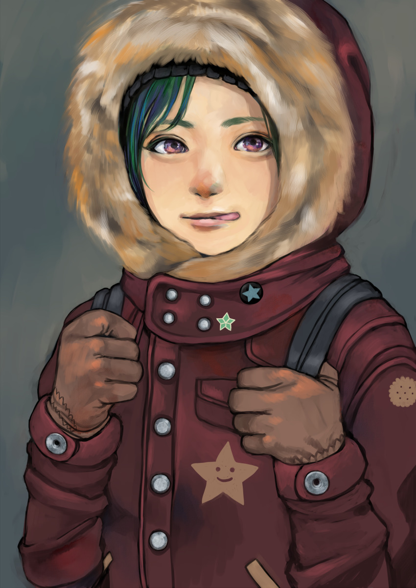 1girl :q absurdres badge button_badge coat fur-trimmed_hood fur_trim gloves green_hair grey_background highres hood hood_up junjunforever looking_at_viewer original parka pink_hair smile solo star_(symbol) tongue tongue_out upper_body winter_clothes winter_coat