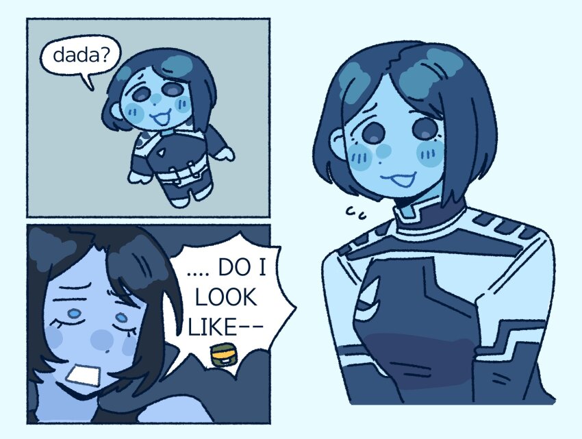 2girls blue_background blue_bodysuit blue_eyes blue_hair blue_skin blue_theme blush bodysuit colored_skin cortana english_text halo_(series) halo_infinite highres hoshizora_lone master_chief multiple_girls parted_lips short_hair smile speech_bubble surprised the_weapon_(halo_infinite)