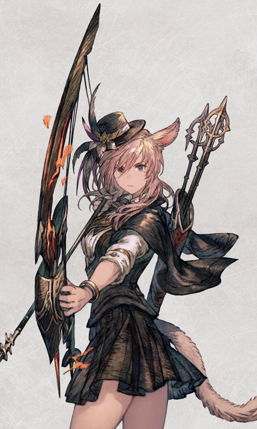 1girl absurdres animal_ears arrow_(projectile) bard_(final_fantasy) black_hat black_skirt blue_eyes bow_(weapon) bracelet cat_ears cat_girl cat_tail cowboy_shot drawing_bow fighting_stance final_fantasy final_fantasy_xiv from_side grey_background hat hat_feather hatching_(texture) highres holding holding_bow_(weapon) holding_weapon jewelry light_brown_hair looking_at_viewer maeka_(kumaekake) medium_hair miqo&#039;te mole mole_under_eye outstretched_arm quiver serious shirt simple_background skirt solo standing tail top_hat warrior_of_light_(ff14) weapon white_shirt