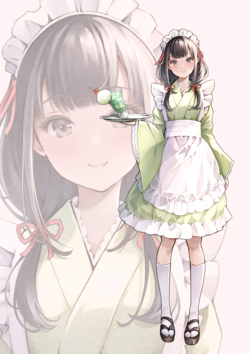 1girl apron bow brown_hair commentary_request frills full_body geta green_kimono grey_eyes hair_bow highres japanese_clothes kimono looking_at_viewer low_twintails maid maid_headdress mizuki_hana multiple_hair_bows original platform_sandals sandals smile socks solo spilling tray twintails wa_maid waist_apron waitress white_socks wide_sleeves