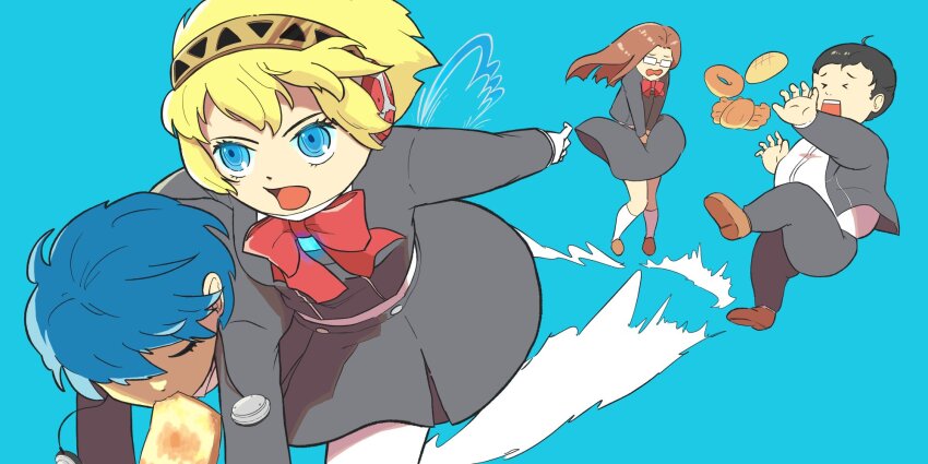 2boys 2girls aigis_(persona) black_hair blonde_hair blue_eyes blue_hair bread bread_slice brown_hair character_request chibi food food_in_mouth fushimi_chihiro highres moko0143 mouth_hold multiple_boys multiple_girls open_mouth persona persona_3 running school_uniform suemitsu_nozomi toast toast_in_mouth yuuki_makoto_(persona_3)