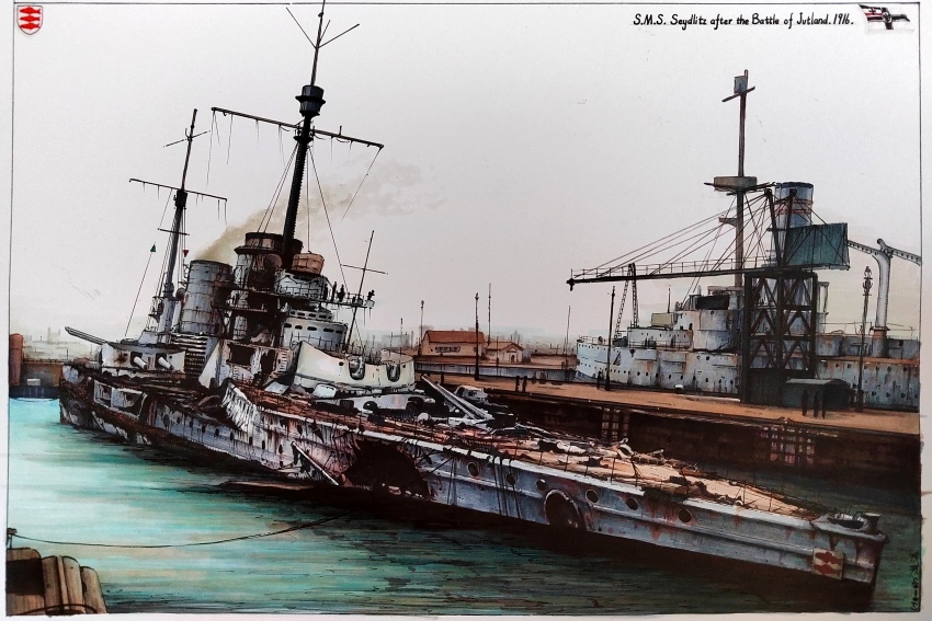 6+others absurdres battle_damage battleship chinese_commentary commentary_request crane_(machine) damaged dock english_text highres imperial_german_navy kms_seydlitz military military_vehicle multiple_others oil_painting_(medium) original painting_(medium) ship ship_turret traditional_media vehicle_focus vehicle_name vortex_(xu_xuanwo) warship watercraft world_war_i